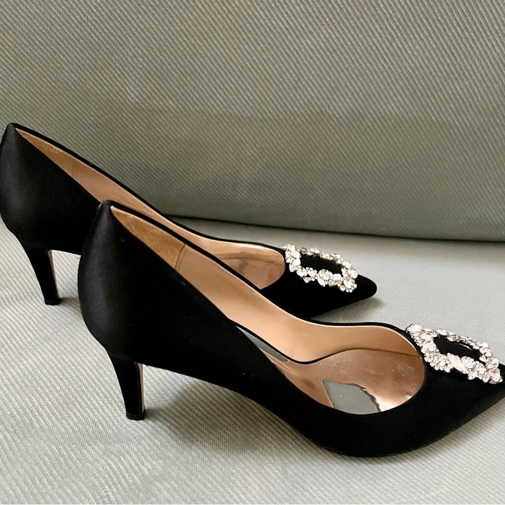 Badgley Mischka Black Satin Pointed Toe Heels with Crystal Buckles - Picture 4 of 7